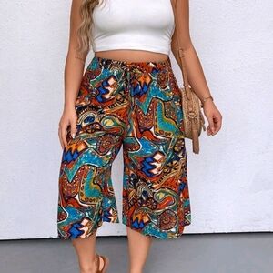 Colorful Abstract Print Women's Boho Wide Leg Capris 4x